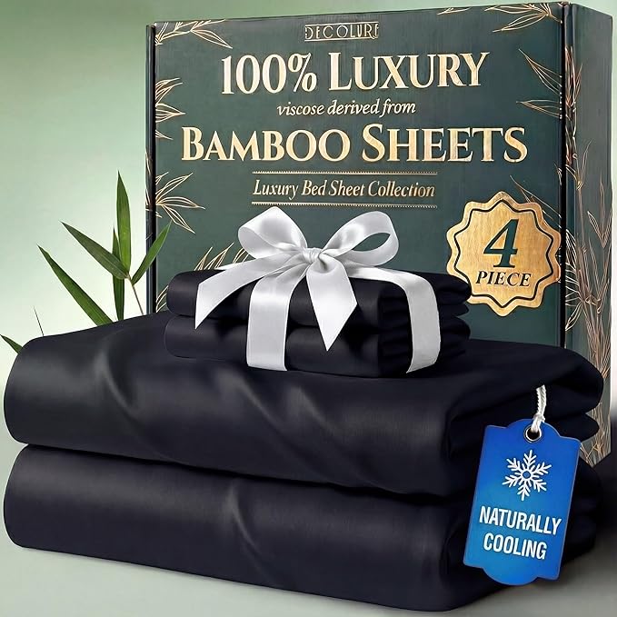 DECOLURE 100% Viscose Derived from Bamboo Sheets Twin Size - Luxury 4 Pc Naturally Cooling Sheets, Ultra Soft Bed Set - Deep 17" Pockets, Durable Double Stitching, Oeko Tex Standard (Black)