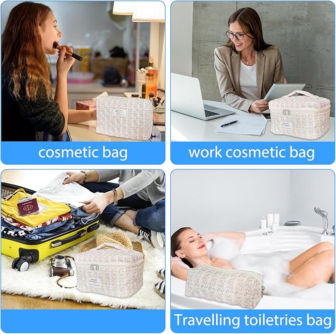 Cozomga Quilted Makeup Bag, Large Capacity Travel Cosmetic Bag for Women and Girls, Aesthetic Storage for Daily and Travel Use (3pcs-pinkleavesflowers)