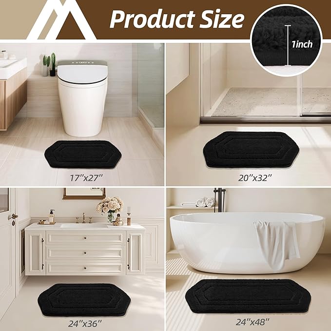 COSY HOMEER Bathroom Mat Rugs 24”x48” Non-Slip Absorbent Bath Mat Plush Shaggy Machine Washable Bath Rugs Soft Polyester Bath Mats for Bathroom Floor,Tub and Shower,Black