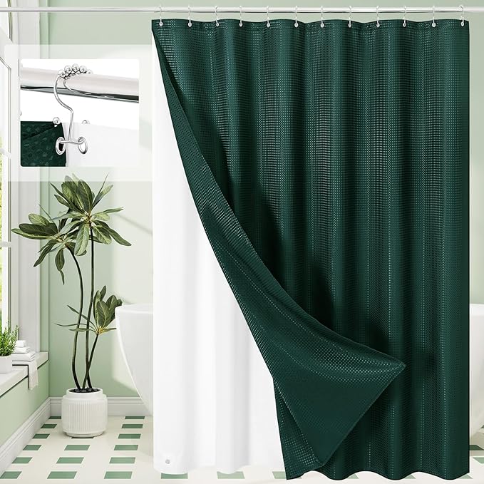 Craidlela 3 in 1 Long Dark Green Shower Curtain Set-72 W x 78 H, Modern Waffle and PEVA Liner Set with 12 Stainless Steel Hooks, Waterproof Fabric for Bathroom