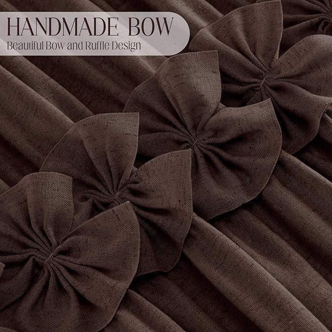 XOGUIBO Ruffle Shower Curtain with Handmade Bow Tie, Brown Linen Vintage Farmhouse Shower Curtain for Bathroom, 72" W x 72" H