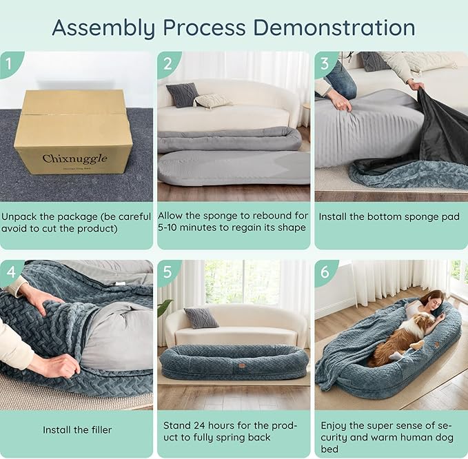 Human Dog Bed for Adult - Luxury Faux Fur Giant Size Dog Bed with Portable Handle, Egg Orthopedic Foam with Blanket, 72"x40"x10", Brown
