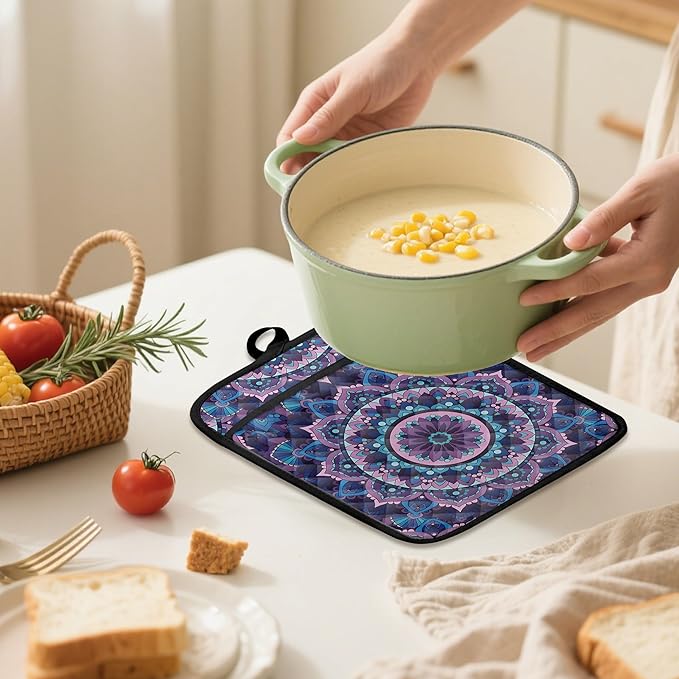 Boho Purple Blue Mandala Floral Pot Holders 2 Pack Set, Vintage Hinduism Spiritual Folk Lotus Flower Mandala Heat Resistant Oven Hot Pads for Kitchen Countertop Baking，073 Potholder