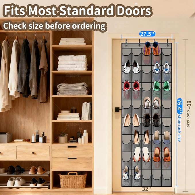 Gisiyunly Over the Door Shoe Organizer with 40 Large Pockets, Multi-Purpose Storage for Shoe and Accessories, Durable Fabric with Adjustable Hooks for Home Closet Bedroom Entryway-Grey