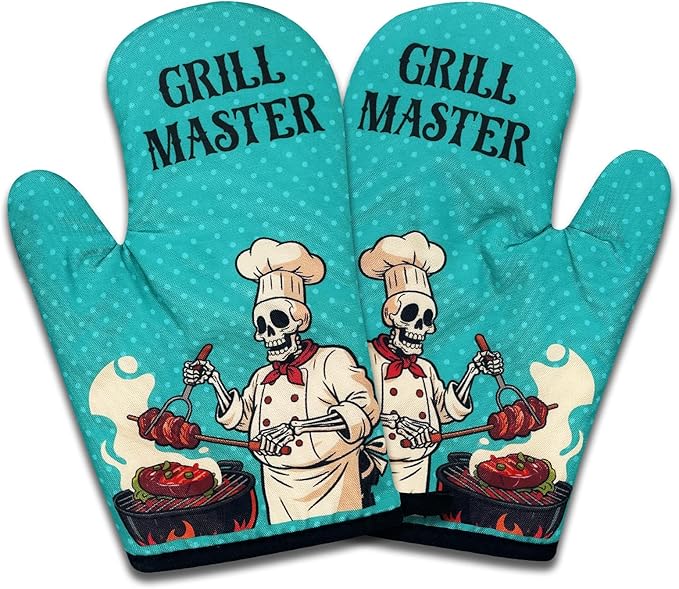 2 Pack Funny BBQ Oven Mitts for Men, Grill Master, Skeleton Heat Resistant Silicone Non-Slip Mitts, Christmas Birthday Gifts for Dad Husband, Grilling Gifts for Men Chef Friend BBQ Lovers