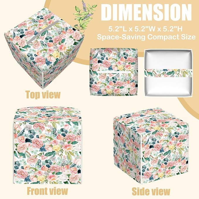 BLYKVGHQ Pink Watercolor Flowers Tissue Box Cover Square, Tissue Box Holder with Bottom Belt Leather Facial Paper Organizer Dispenser for Bathroom Bedroom Dresser Night Stand Tabletop
