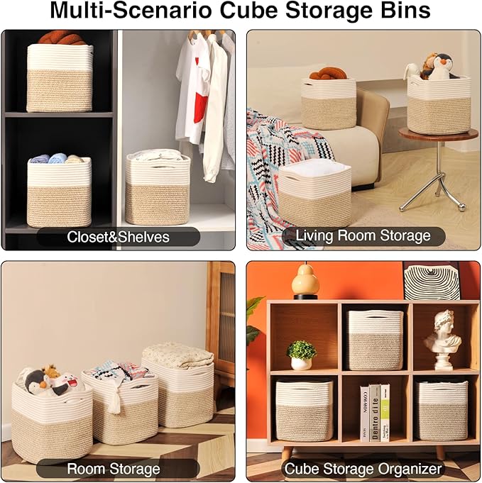 ICERZCZ 13 Inch Cube Closet Storage Bins, Woven Cotton Rope Organizer Baskets for Organizing & Shelves, Books, Towels, Clothes, Toys, 13x13x13 in, Off White & Brown (Pack of 3)