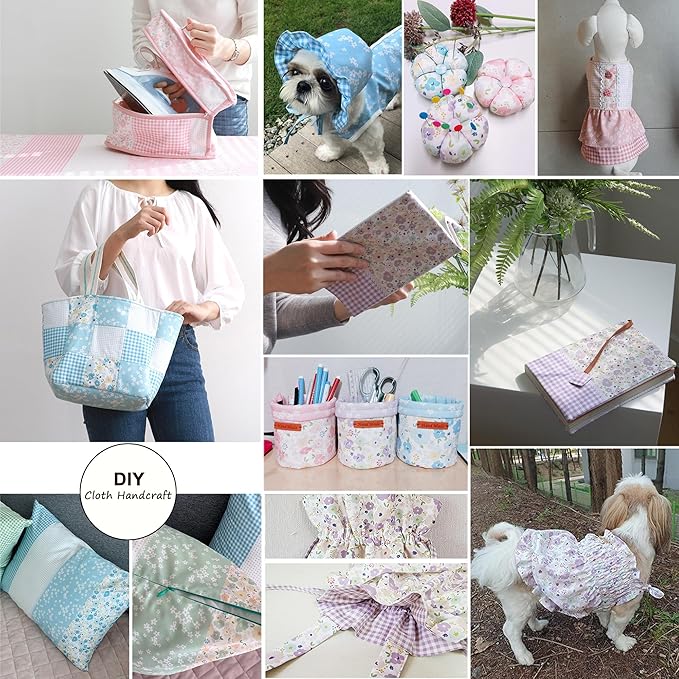 Hanjunzhao 14 Pcs Pink Green Blue Purple Floral Dots Plaid Print Cotton Fabric Fat Quarters Bundles 18 x 22 Inch Sewing Fabrics for Quilting Chrismas Holiday Party Decor DIY Crafts, Sweet Garden
