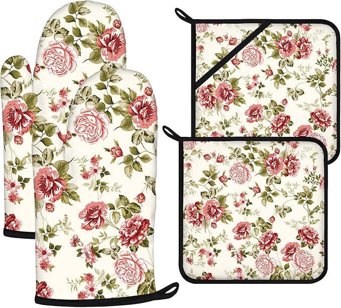 Red Rose Oven Mitts and Pot Holders Sets 4Pcs,Extra Long Oven Gloves Potholder for Kitchen Cooking Baking BBQ 100% Cotton Heat Resistant