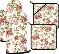 Red Rose Oven Mitts and Pot Holders Sets 4Pcs,Extra Long Oven Gloves Potholder for Kitchen Cooking Baking BBQ 100% Cotton Heat Resistant