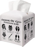 Christian Decorative Tissue Box Cover Square, Leather Tissue Box Dispenser, Bible Verse Inspirational Gift Ideas for Friends, Armor of God, Bathroom Office Desk Decor-(5.2 Inches)