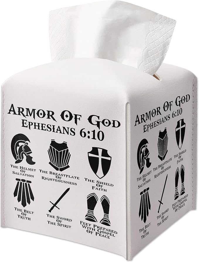 Christian Decorative Tissue Box Cover Square, Leather Tissue Box Dispenser, Bible Verse Inspirational Gift Ideas for Friends, Armor of God, Bathroom Office Desk Decor-(5.2 Inches)