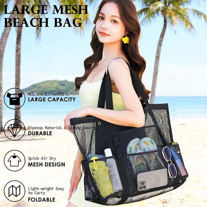 Fammart Mesh Beach Bag, Large Beach Tote with Zipper Pocket for Family Pool Bag for Toys & Vacation Essentials