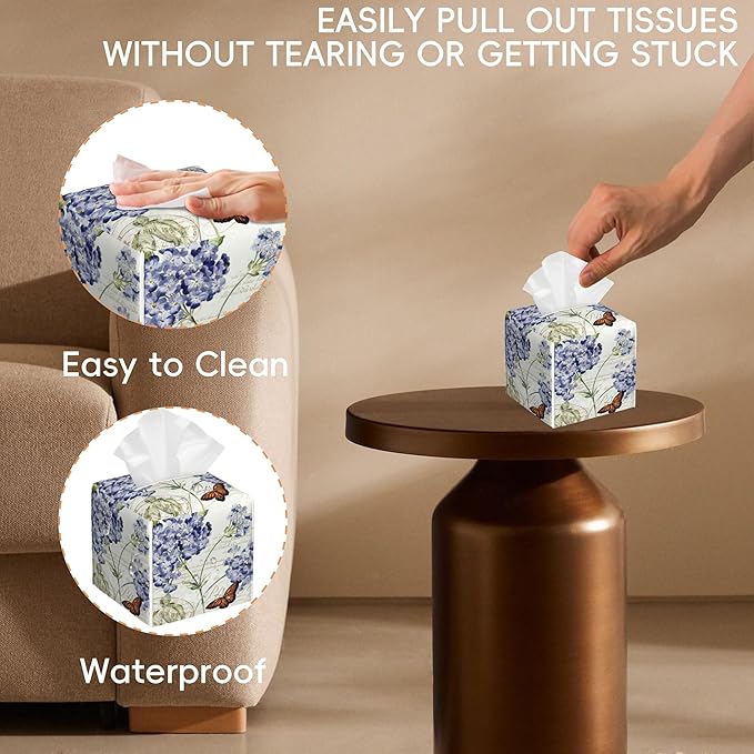 Tissue Box Cover Leather Tissue Box Holder Cube Tissue Case Cover Facial Paper Organizer Dispenser for Bathroom, Vanity Countertop, Office Desk (Vintage Hydrangea Flower and Butterfly)