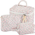 Paterr Makeup Bag Set 3 Pcs Large Quilted Cotton Make up Bags for Women Cosmetic Travel Toiletry Organizer Pouch Cute Aesthetic Storage Purse(Pink,Pink Floral)