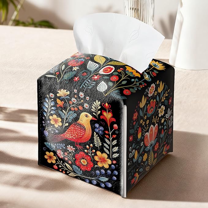 Black Tissue Box Holder, Floral Bird Leather Tissue Box Cover Square with Bottom Belt, Paper Napkins Everyday Dispenser for Bathroom Night Stands Kitchen Office Car Home Decor
