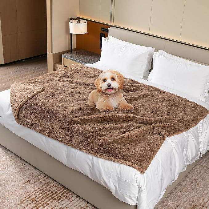 Cat Calming Dog Blanket for Couch Waterproof Fluffy Faux Fur Blankets for Dogs and Cats Soft Lightweight Couches and Bed Cover Washable(Brown,M-57x40in)