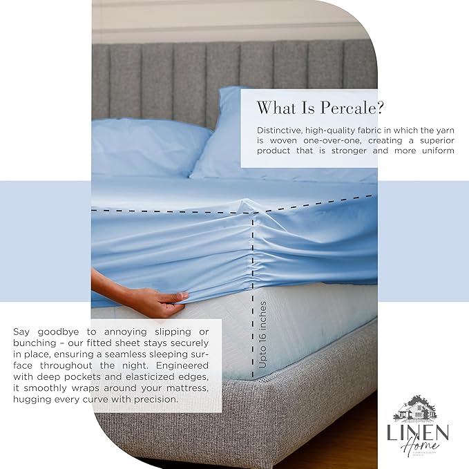 Linen Home 100% Cotton Percale Sheets Full Size, Baby Blue, Deep Pocket, 4 Pieces Set - 1 Flat, 1 Deep Pocket Fitted Sheet and 2 Pillowcases, Crisp Cool and Strong Bed Linen