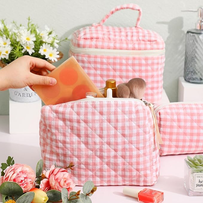 Paterr Makeup Bag Set 3 Pcs Large Quilted Cotton Make up Bags for Women Cosmetic Travel Toiletry Organizer Pouch Cute Aesthetic Storage Purse(Pink,Pink Plaid)