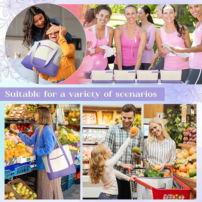 Sanwuta Canvas Tote Bags Bulk with Outer Pocket and Makeup Pouch 18'' Reusable Grocery Bags with Handles for Women Beach DIY