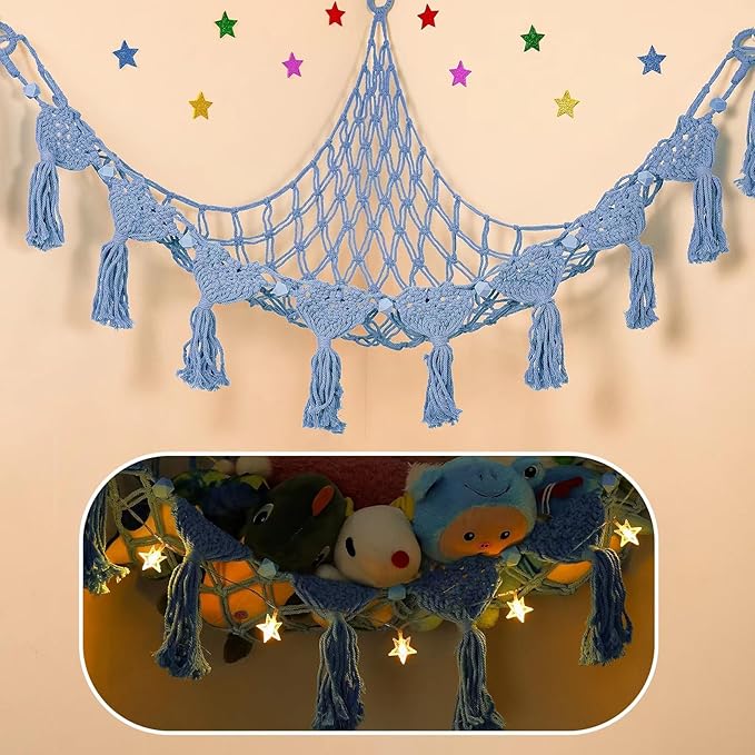 iHansee Stuffed Animal Hammock Corner - 56'' Jumbo 5mm Double Macrame Cord Handcrafted Stuffed Animal Net - 100% Natural Cotton Toy Hammock Holder - Cornflower Blue Stuffy Plushie Net w/LED Star Light