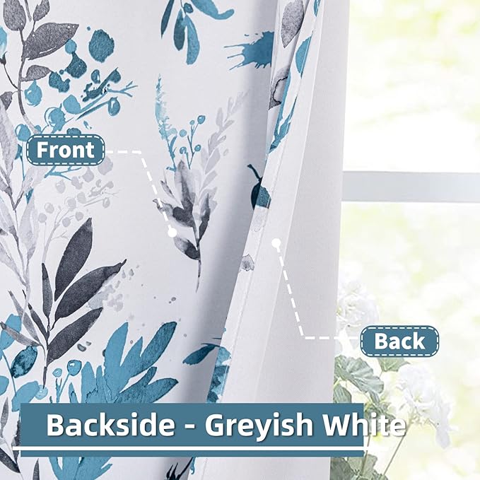 MYSKY HOME Floral Blackout Curtains for Kitchen Room Darkening Thermal Insulated Panels 54 Inch Long Light Blocking Grommet Rustic Curtains for Dormer Window, 2 Panels, Turquoise