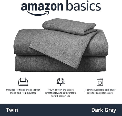 Amazon Basics 3 Piece Bed Sheet Set, 100% Cotton Jersey, Includes Super Soft, Flat and Fitted Sheets, Pillowcase, Twin, Dark Gray, Solid