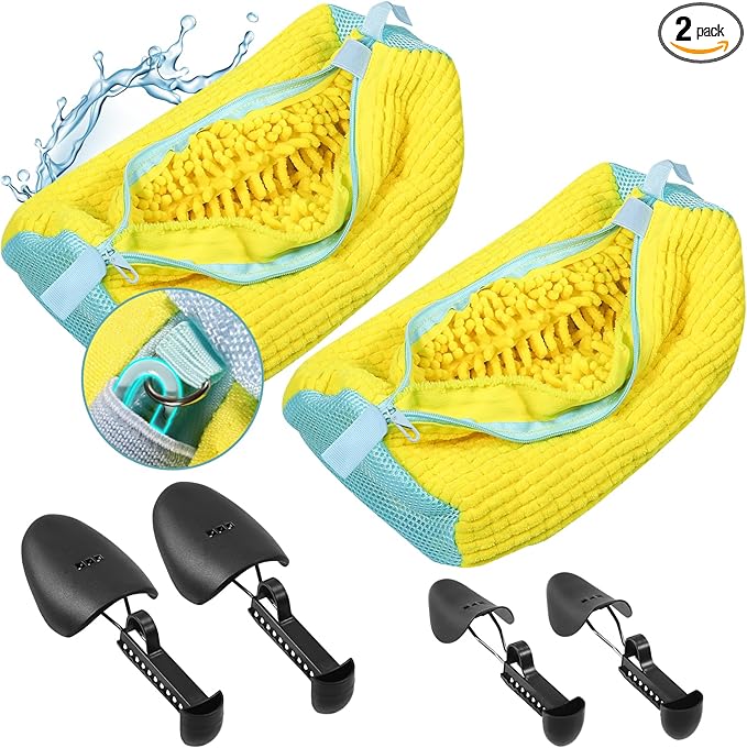 2 Pcs Shoe Washing Machine Bags with 4 Adjustable Shoe Trees, XXL Laundry Bags for Washer and Dryer, Sturdy Zipper with Hook Design, Reusable Cleaning Bag for Sneaker, Tennis (Yellow)