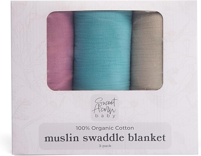 Sweet Acorn Muslin Swaddle Blanket – Soft Cotton Muslin Baby Blanket for Newborns, Infants, and Toddlers, All-Season Comfort Baby Essential - Purple, Teal, Grey