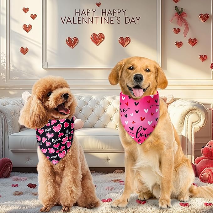 Agroon Dog Valentines Bandana Large 3PCS, 6 Pattern Sweetheart Scarf for Boy and Girl, Red Pink Black Triangle Reversible Love Bibs Breed for Puppy Pets