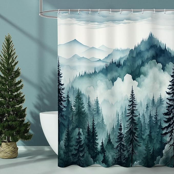 Litabel Peacock Blue Long Misty Pine Forest Shower Curtain 72 x 78, Mountain Foggy Woodland Scenery Tree 78 Inch Long Shower Curtains for Bathroom, Abstract Waterproof Nature-Themed Decor