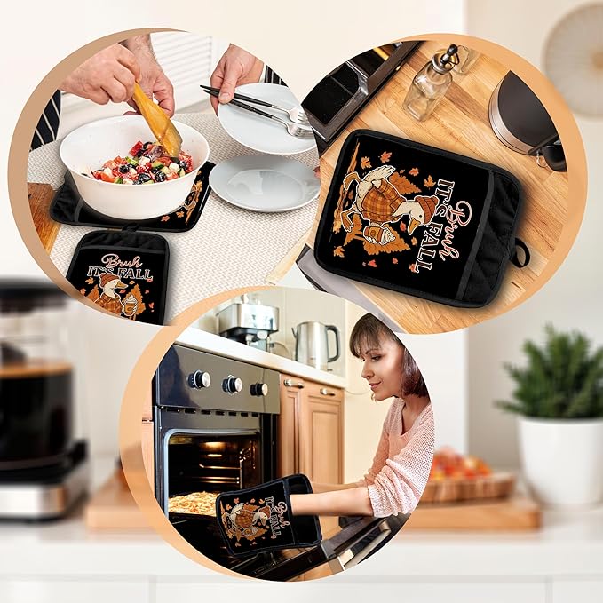 Funny Fall Goose Pot Holders with Pockets, Autumn Pumpkin Spice Coffee Cozy Goose Maple Leaf Oven Pot Holders Heat Resistant Oven Mitts Hot Pads for Kitchen Baking Cooking