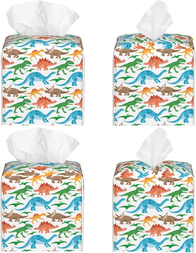 POIUBLE Tissue Box Holder Cute Dinosaurs Tissue Box Cover Square Leather Tissue Holder Organizer Portable Decorative Facial Paper Case for Home Office Bathroom Vanity Countertop