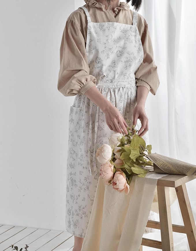 Japanese apron Women-Cross Back Apron for Women with Pockets, Pinafore Aprons, Womens Cotton Linen Apron