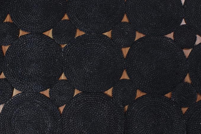 Scalloped Edge Rug, Hand Woven Natural Jute Area Rug, 9x9 Ft Square Black Braided Kilim Rugs for Living Room, Kitchen, Entryway, Farmhouse