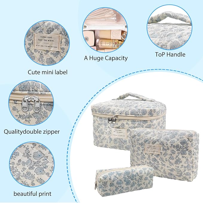 Cozomga Quilted Makeup Bag, Large Capacity Travel Cosmetic Bag for Women and Girls, Aesthetic Storage for Daily and Travel Use (3pcs-Orchid)