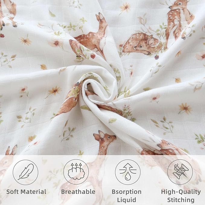 LifeTree Baby Swaddle Blankets, Boys Girls Muslin Swaddling Wrap Receiving Blanket for Newborn, 70% Viscose from Bamboo and 30% Cotton, Large 47" x 47", Deer and Checkered
