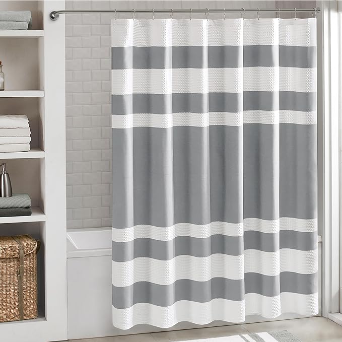 Madison Park Shower Curtain Waffle Weave Striped Pieced Design Fabric Shower Curtains for Bathroom with 3M Scotchgard Moisture Management Premium Spa Quality Modern Standard 72"x72" Grey