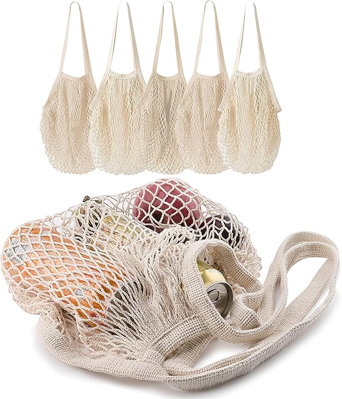 MERCURHOUSE 5 pack Cotton String Shopping Bags Reusable Washable Grocery Mesh Bags Organizer for Grocery Shopping Produce Net Bags with Longhandle for Fruit Vegetable Storage