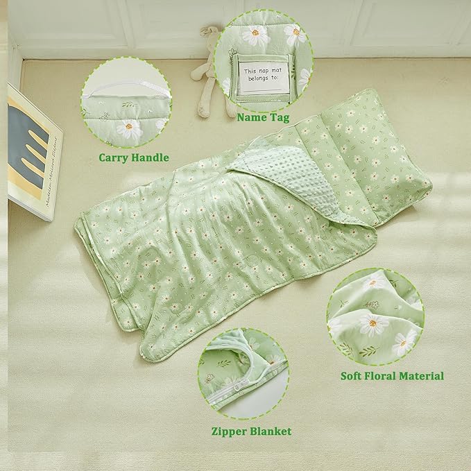 Floral Toddler Nap Mat with Zipper,Detachable Minky Blanket and Removable Pillow,Soft Slumber Bags for Girls,Kids Sleeping Bag for Daycare Preschool Kindergarten,Flower Toddler Sleeping Mat - Green