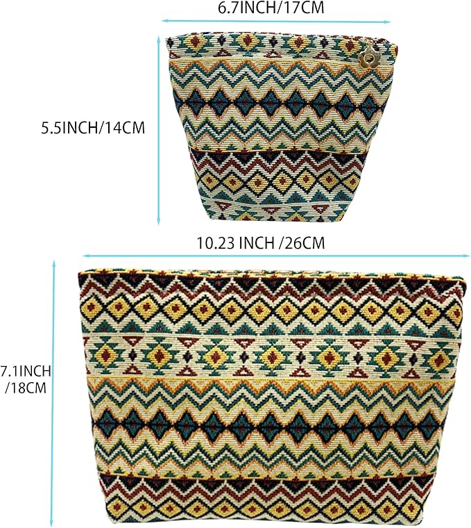 getgto 2 Pcs Makeup Bags, Large Cosmetic Bag Travel Toiletry Bag Organizer for Women, Embroidery Craft, Stripe Makeup Bag Small Cosmetic Pouch Purse with Zipper Gifts for Girls Teen