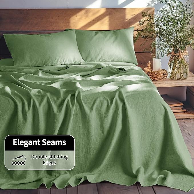 LBRO2M 100% Linen Sheet Set Full Size,Bed Sheets 4 Piece Sets,Solid Color Natural Flax Bed Sheets Soft Breathable Bedding,16" Deep Pocket,All Season (Full, Green)