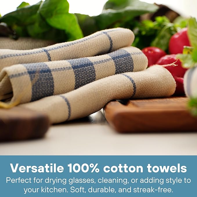 MEEMA Kitchen Towels and Dishcloths Sets of 4 | Large 18 x 28 Inch | Upcycled Cotton Tea Towel | Super Absorbent Cotton Dish Towels for Kitchen | Blue Stripes | Hand Towels