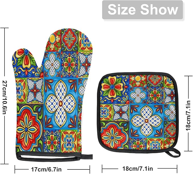 Oven Mitts and Pot Holders Sets of 2,Mexican Talavera Flower Heat Resistant Kitchen Oven Gloves Potholder for Baking Grilling BBQ Cooking