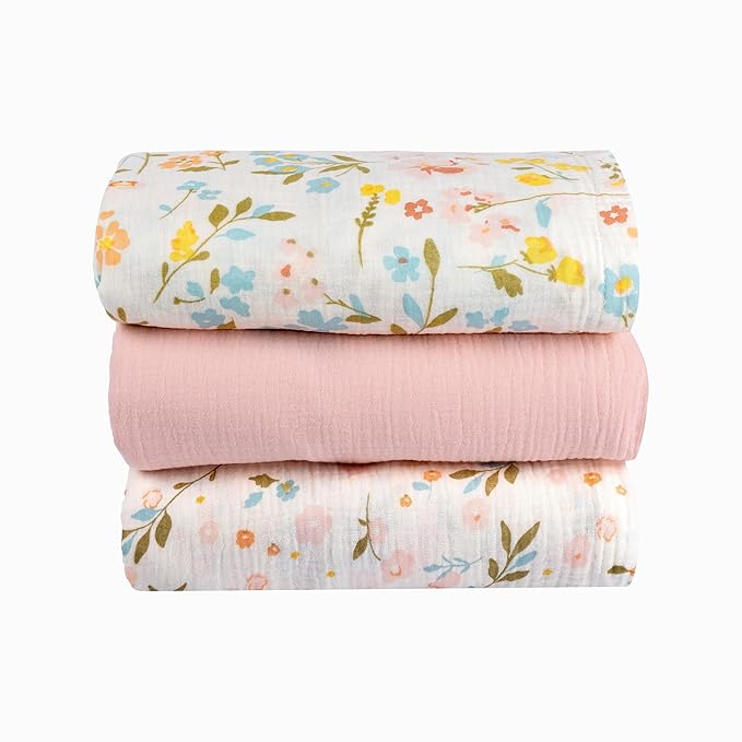 Muslin Swaddle Blankets Baby Blanket Set, 3 Pack 47"x47" Breathable Swaddles for Newborns, Soft Baby Swaddle Blanket for Girls, Muslin Blankets and Swaddles for Babies, Nursery Gift Set Pink Floral