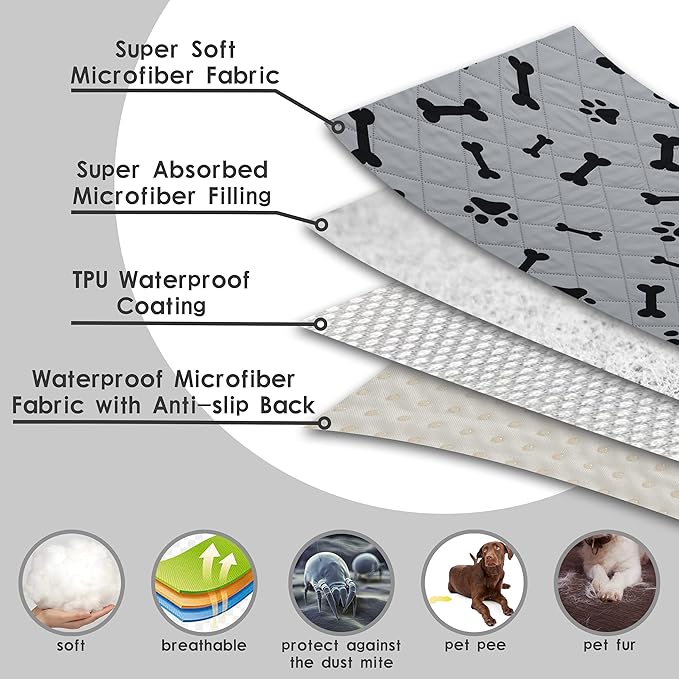 Dog Crate Pee Pads - Wahable Dog Rugs Non-Slip Puppy Pads for Small Dogs, Water Absorb Training Pads (2736 Gray)