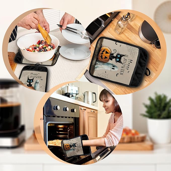 Halloween Black Cat Ghost Pot Holders with Pockets, Vintage Funny Black Cat Pumpkin Halloween Oven Pot Holders Heat Resistant Oven Mitts Hot Pads for Kitchen Baking Cooking