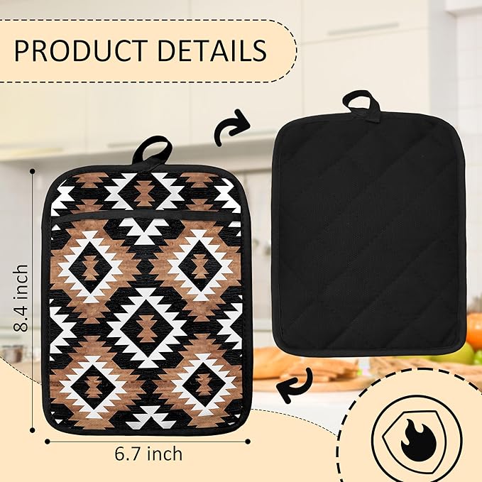 Vintage Western Aztec Pot Holders 2 Pack Set, Western Kitchen Decor, Boho Rustic Aztec Southwestern Heat Resistant Oven Hot Pads for Kitchen Countertop Baking Cooking，069 Potholder