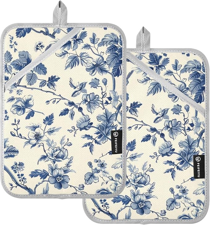 Pot Holders Set of 2 Blue White Chinoiserie Floral Hot Pads for Kitchen Heat Resistant Potholders Sets for Kitchen and Baking 7x9.8in