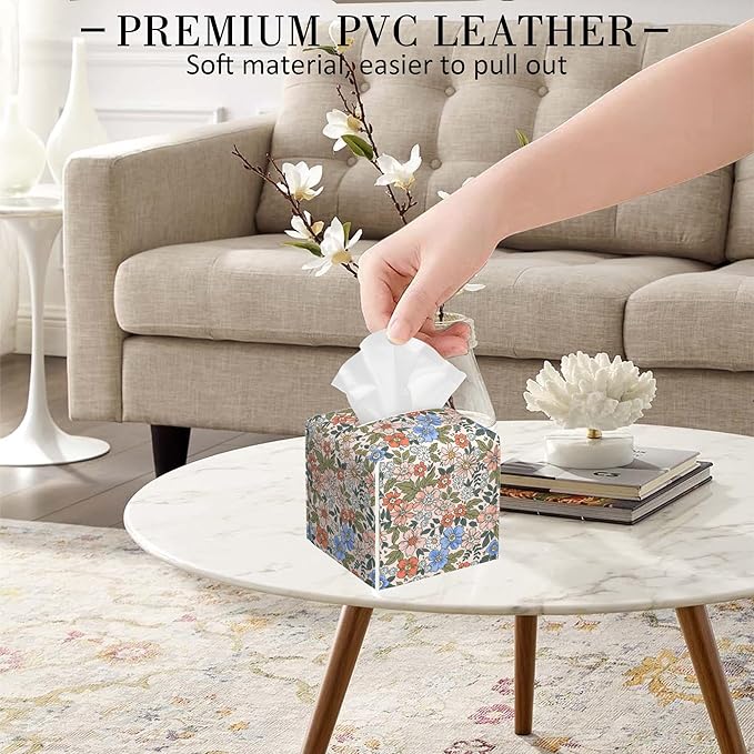 POIUBLE Vintage Floral Tissue Box Cover Leather Tissue Box Holder Square Facial Paper Organizer Dispenser for Bathroom Kitchen Bedroom Vanity Countertop Night Stands